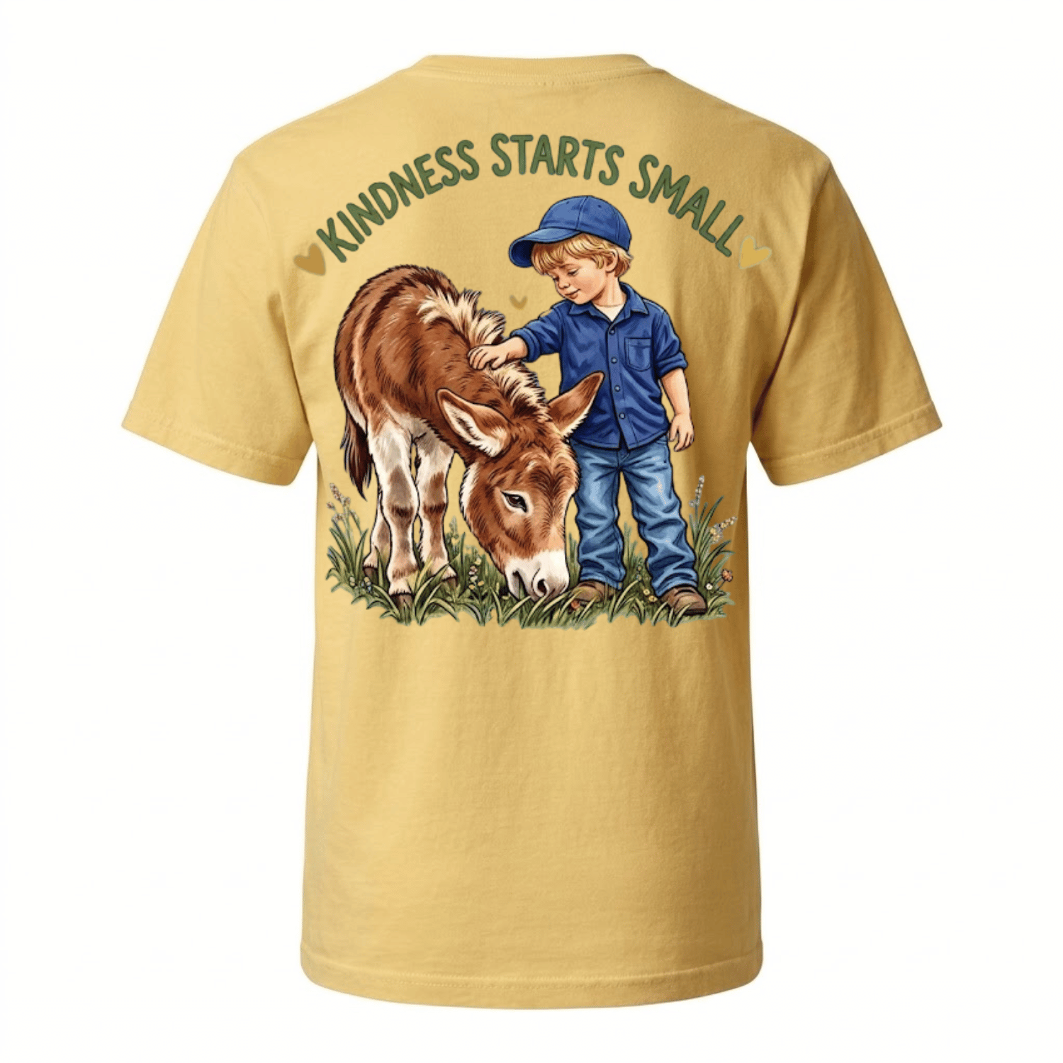 Kindness Starts Small t-shirt mockup front view — Kindness starts small — Campbell's Lane Donkey Co.