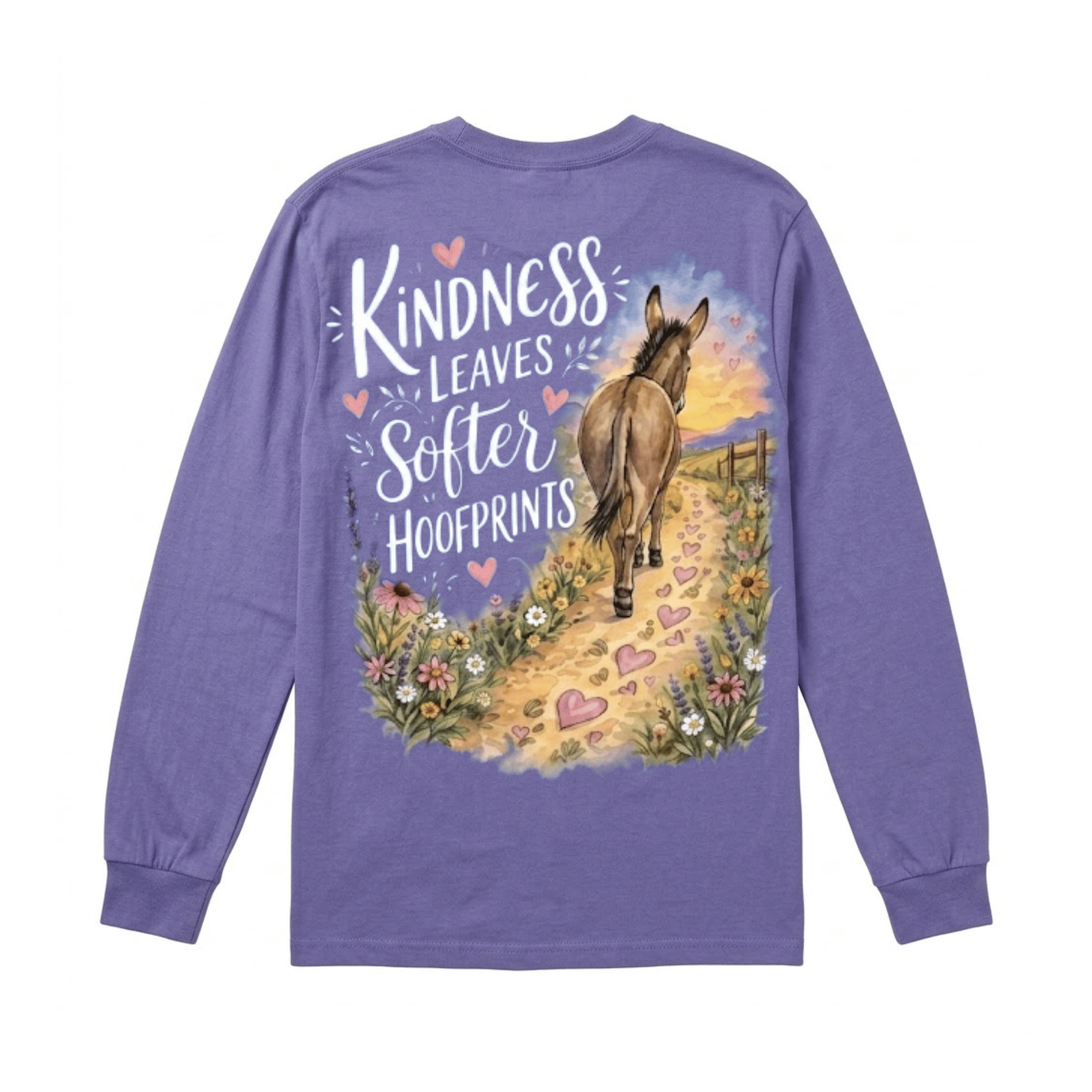 Kindness Leaves Softer Hoof Prints Long Sleeve Shirt — The best marks you leave are the ones the grass barely notices. (front view)