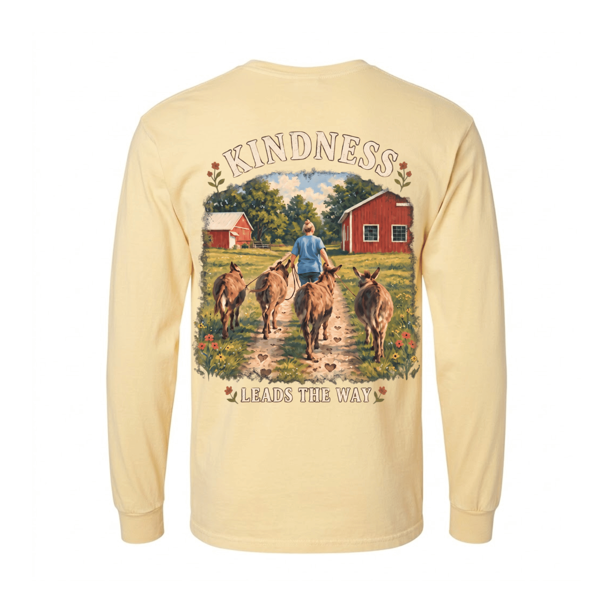 Kindness Leads The Way Long Sleeve Shirt — A donkey always knows the right path, kindness does too. (front view)