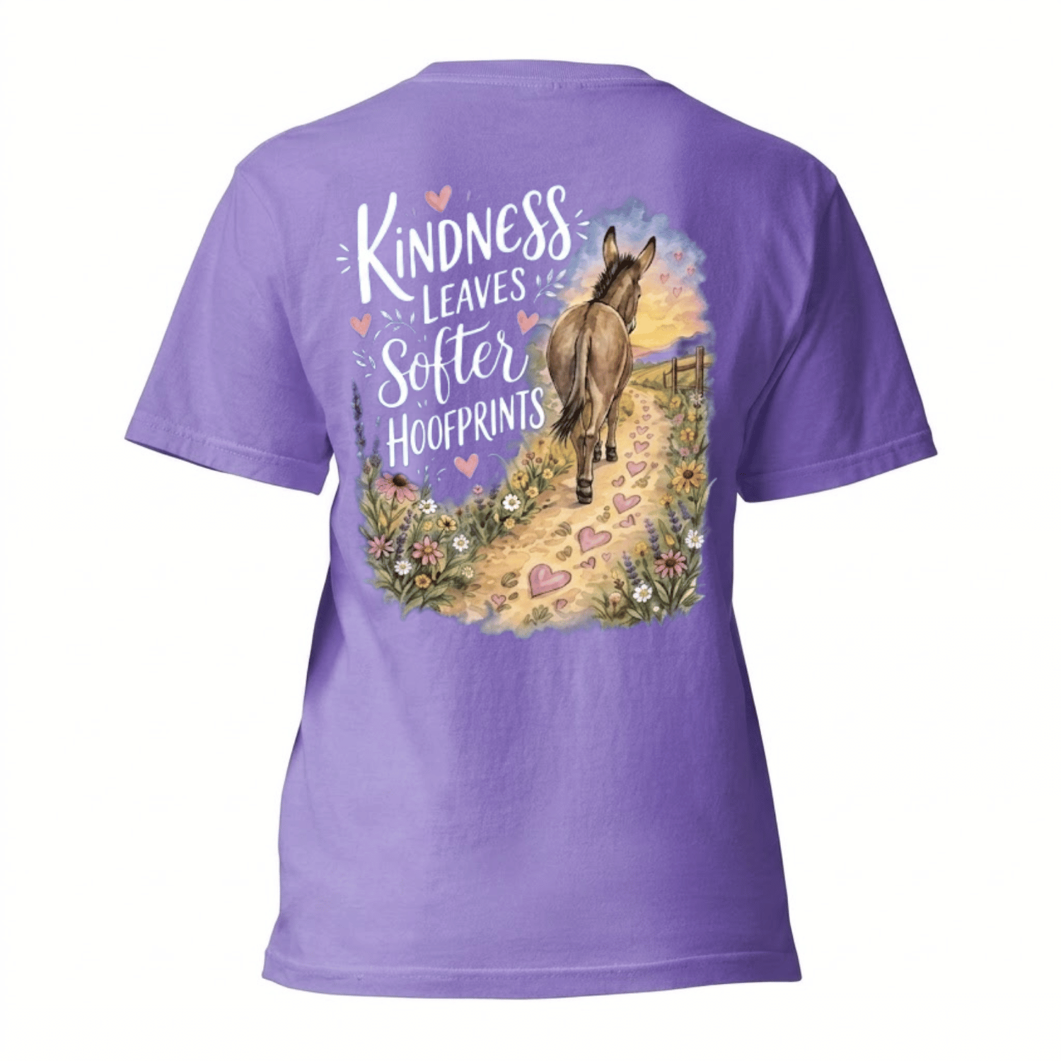 Kindness Leaves Softer Hoof Prints t-shirt mockup front view — Kindness leaves softer hoof prints — Campbell's Lane Donkey Co.